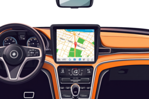 Modern car interior with GPS navigation system on display, showcasing advanced technology and sleek design for a comfortable driving experience. png