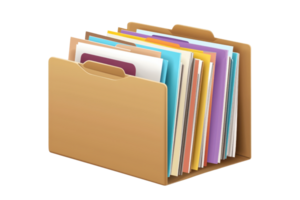 Organized office documents in a brown folder, showcasing efficient file management and colorful paperwork on a transparent background. png