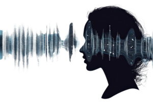 Silhouette of a human profile with sound waves representing the concept of voice technology and audio interaction on a transparent background. png