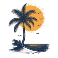 Sunset silhouette of a palm tree on a tranquil beach, with birds flying, capturing serene coastal vibes and natural beauty. png
