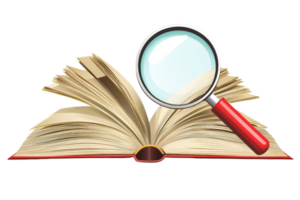 Open book with a red magnifying glass, symbolizing research, knowledge discovery, education, learning, and analytical study in literature. png