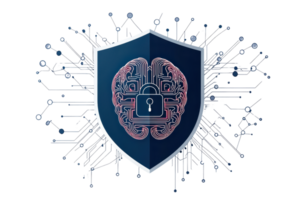 Shield with brain lock symbolizing cybersecurity and artificial intelligence protection. Digital security concept. png
