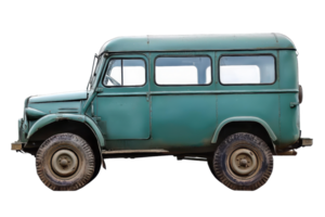 Vintage green off-road vehicle isolated on transparent background. Classic rugged SUV with a retro design and worn look. png