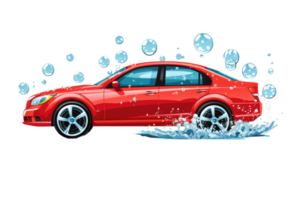 Red car surrounded by bubbles, splashing through water, representing a fun and dynamic car wash experience. png