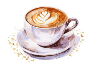 Warm latte with intricate floral latte art in a ceramic cup on a saucer, perfect for coffee enthusiasts and cozy settings. png