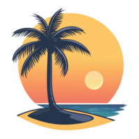 Tropical beach at sunset with a silhouette of a palm tree and sun setting over the ocean, creating a serene and tranquil atmosphere. png