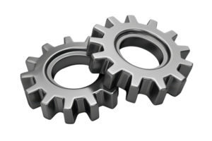 Two metallic gears interlocked, symbolizing teamwork, industry, and mechanical engineering, against a transparent background. png