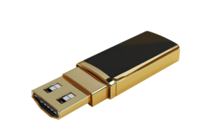 Elegant gold and black USB flash drive isolated on transparent background. perfect for data storage and electronic device concepts. png