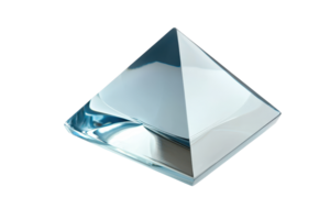 Crystal clear glass pyramid with sharp edges and reflective surface, isolated on transparent background. Perfect for design and decor projects. png