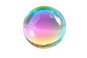 Colorful translucent soap bubble with rainbow hues and reflections. Bright and shiny transparent sphere against a transparent background. png
