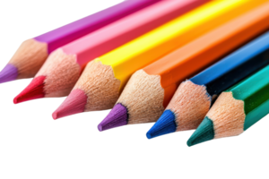 Colorful close-up of six sharpened colored pencils arranged in a row. Ideal for art and education-related projects and visuals. png
