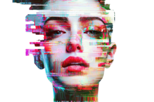 Digital glitch art of human face showcasing vibrant colors and abstract design, perfect for modern graphics or tech-themed projects. png