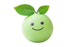 Cute green fruit ball with leaves and a smiling face. Creative and whimsical concept isolated on a transparent background. png