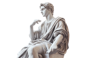 Elegant marble statue of a seated figure in robes, exemplifying classical art and ancient craftsmanship, isolated on a transparent background. png