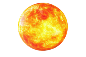 Detailed image of a fiery sun representing intense solar energy, nuclear fusion, and the vibrant source of light and heat in our solar system. png