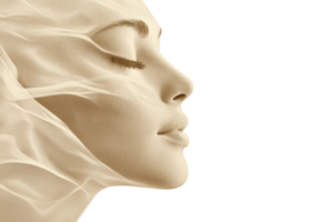 Elegant profile of a woman's face blending with artistic, flowing patterns, evoking calmness and serenity. png