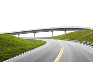 Curved highway on a lush green landscape, leading to an overpass bridge, symbolizing travel, infrastructure, and modern transportation. png