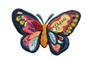 Colorful embroidered butterfly with intricate patterns on wings, isolated on transparent background. Perfect for textile and craft projects. png