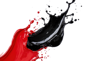 Dynamic splash of red and black paint in mid-air against transparent background. showcasing vibrant color contrast and creative design. png
