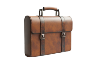 Elegant brown leather briefcase with buckle straps, isolated on transparent background. Ideal for business professionals and office use. png