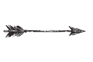 High-resolution image of a hand-drawn black arrow with detailed fletching, pointing right, isolated on a transparent background. perfect for design projects. png