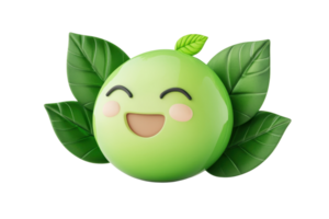 Cute green emoticon with smiling face, surrounded by green leaves. Perfect for eco-friendly and nature-themed design projects. png