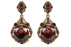 Elegant pair of gold and red gemstone drop earrings. Perfect for adding a touch of sophistication and glamour to any outfit or special occasion. png