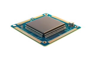 High-resolution close-up of a microchip, showcasing intricate electronic components on a printed circuit board. png