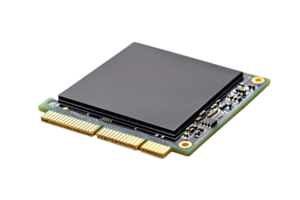 High-performance microchip for computer hardware, featuring intricate circuitry and a modern compact design, ideal for tech and electronics projects. png