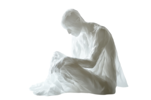 Ethereal white statue of a seated figure in a thoughtful pose, isolated on a transparent background. evoking a sense of tranquility and contemplation. png