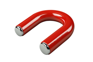 High-quality image of a red U-shaped magnet with shiny silver ends, used in magnetic studies, education, and physics experiments. png