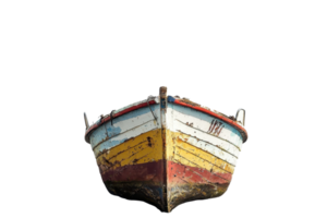 Front view of an old, colorful wooden boat isolated on a transparent background. showing weathered paint and wear. png