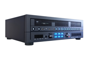 High-performance server with multiple connections and blue indicator lights. Perfect for tech, data storage, and network setups. png