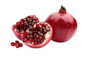 Fresh whole pomegranate and a halved pomegranate with juicy, red seeds on a transparent background. Perfect for health and food-related concepts. png