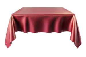 Elegant red satin tablecloth draped over a square table, creating a luxurious and sophisticated setting for dining or special occasions. png