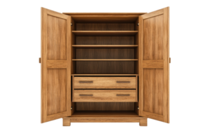 Empty wooden wardrobe with open doors showcasing interior with shelves and drawers, ready for use in a home or office setting. png