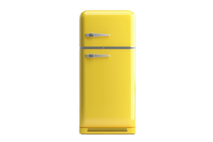 Retro yellow refrigerator on transparent background. Vintage-style appliance perfect for kitchens with a pop of color and classic charm. png