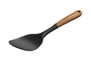 Non-stick black spatula with a wooden handle, ideal for cooking and flipping food in the kitchen. High-quality utensil for everyday use. png
