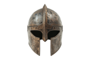 High-resolution image of an ancient medieval helmet, showcasing intricate design and weathered details. png