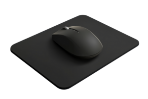 Modern wireless computer mouse on a sleek black mouse pad. Ideal for office setups, tech products, and workspace imagery. png