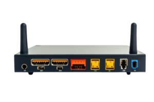 Rear view of a wireless router showing various ports and antennas, ideal for illustrating connectivity and networking concepts. png
