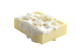 Melted soap bar with foamy bubbles on top, isolated on a transparent background. emphasizing cleanliness, hygiene, and bath time. png