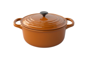Orange enamel cast-iron Dutch oven with lid, featuring two handles, studio shot isolated on transparent background. png
