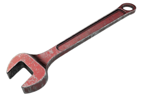 Rustic red wrench lying on a transparent background. showcasing details of its worn surface, useful for tool or hardware-related materials. png