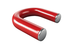 Red U-shaped horseshoe magnet isolated on transparent background. industrial tool for magnetic attraction and educational use. png