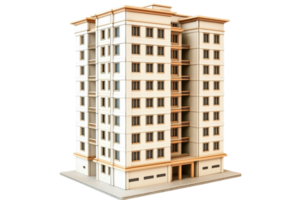 Modern high-rise apartment building with multiple floors and windows, isolated on transparent background. Ideal for urban architecture concepts. png