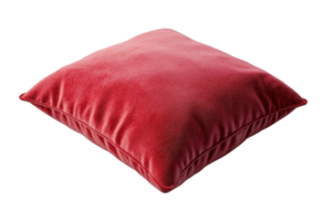 Red velvet pillow with a soft texture and plush design, isolated on a transparent background. Perfect for home decor, comfort, and interior design themes. png