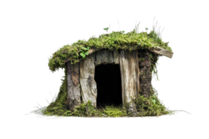 Rustic wooden hut covered with moss, resembling a miniature fairy house, isolated on a transparent background. png