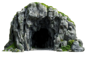 Rocky cave entrance covered in green moss, ideal for nature, adventure, and exploration themes. Perfect for illustrating mysterious caves. png