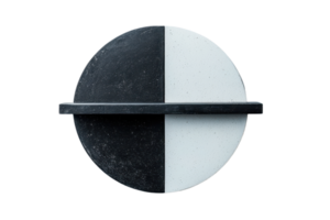 Minimalist black and white geometric circle sculpture with a horizontal divider, creating a striking contrast and balance in design. png